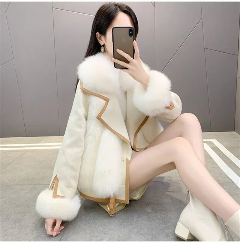 2025 Women Mid-Long Style Faux Fur Jacket Winter Female Pu Leather Splicing Fur Outwear Ladies Long Sleeve Thicken Warm Fur Coat