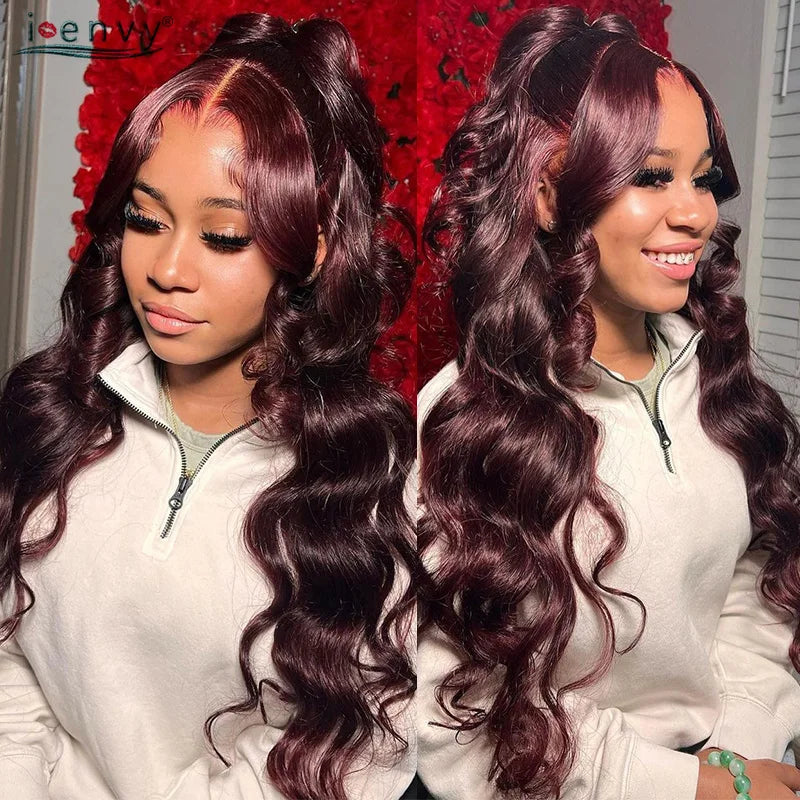13X4 HD Transparent Lace Front Wigs Burgundy Red Human Hair Wigs PrePlucked 13X6 32Inch Body Wave Lace Front Wig For Women Curly