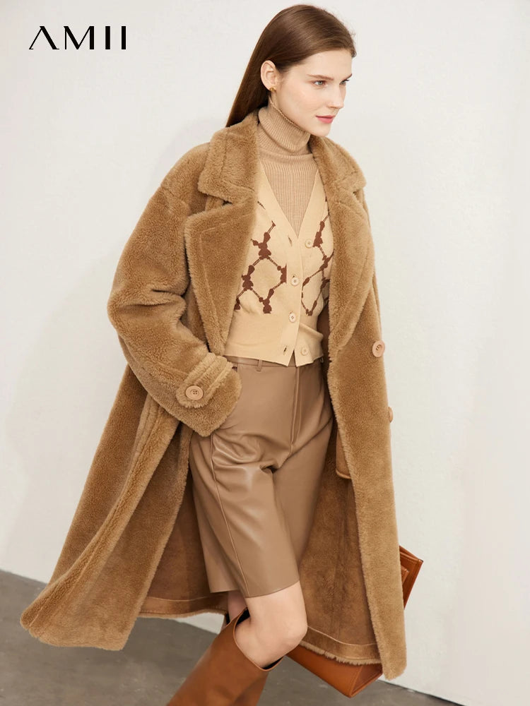 Amii Fur Coat 2025 Winter New Warm Office Lady Turn-Down Collar Full Wool Outerwears Straight Double-breasted Coat 12554013