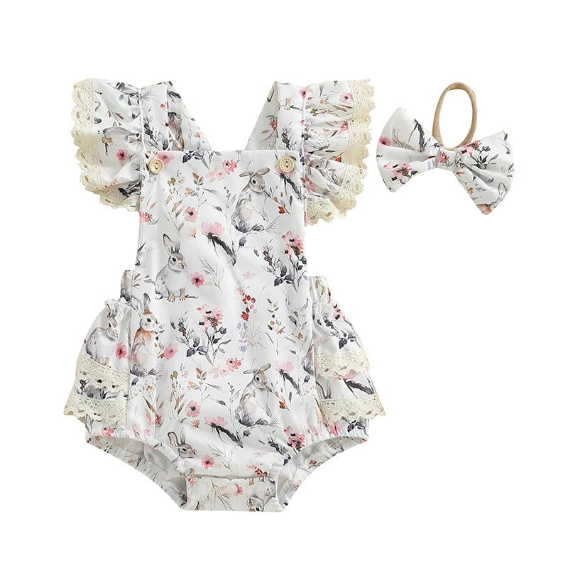 2025-01-02 Lioraitiin Baby Girls Easter Outfits Flower Bunny Print Lace Trim Flying Sleeve Spring Romper with Bow Headband Set