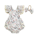 2025-01-02 Lioraitiin Baby Girls Easter Outfits Flower Bunny Print Lace Trim Flying Sleeve Spring Romper with Bow Headband Set