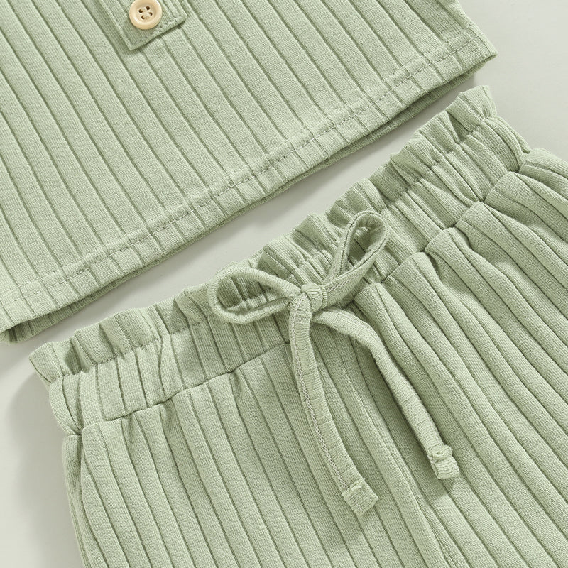 2023-02-14 Lioraitiin 0-4Years Toddler Girls 2Pcs Summer Outfit Sets Solid Button Vest Ribbed Drawstring Shorts