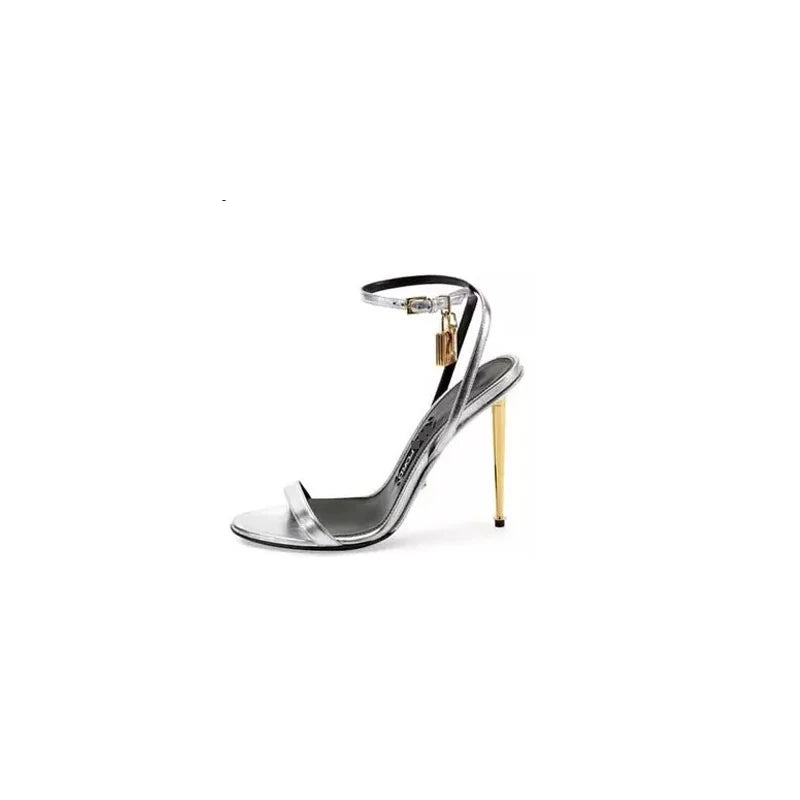 2025 New Sexy Gold Padlock High Heels One Word Buckle Open Toe Thin Heels Leather Shoes Ankle Strap Gladiator Sandal 44