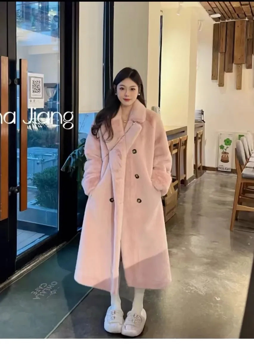 Women Winter Warm Thicken Long Fur Coat 2025 New Women Imitation Rabbit Fur Temperament Fur Coat Double-Breasted Fur Jacket