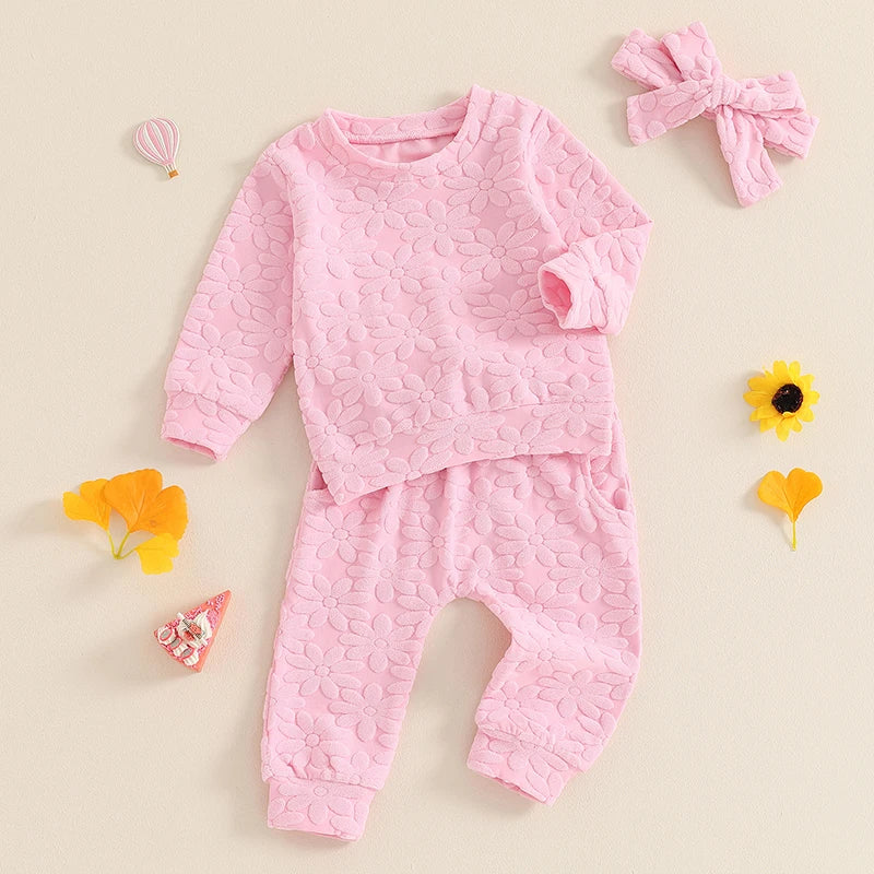 2024-05-22 Lioraitiin Toddler Girl Fall Outfit Daisy Embroidery Long Sleeve Sweatshirt with Elastic Waist Pants Headband Set