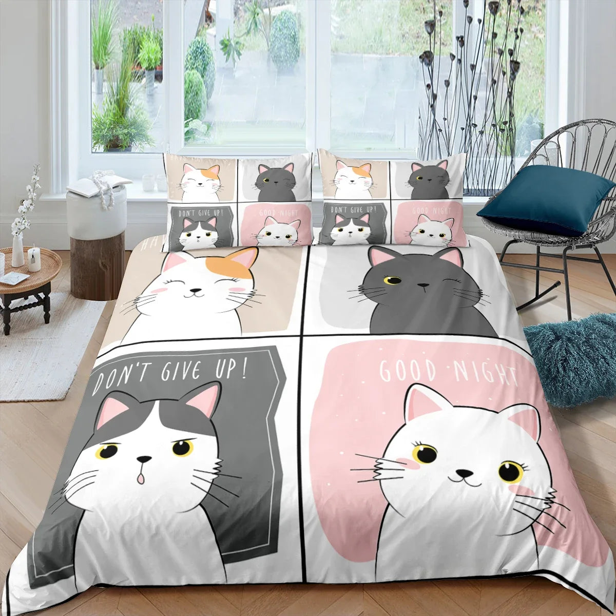 Cute Pink Pet Cats Cartoon Kitten Print Duvet Cover Pillowcase Polyester Quilt Cover for Children Women Bedroom Decoration King