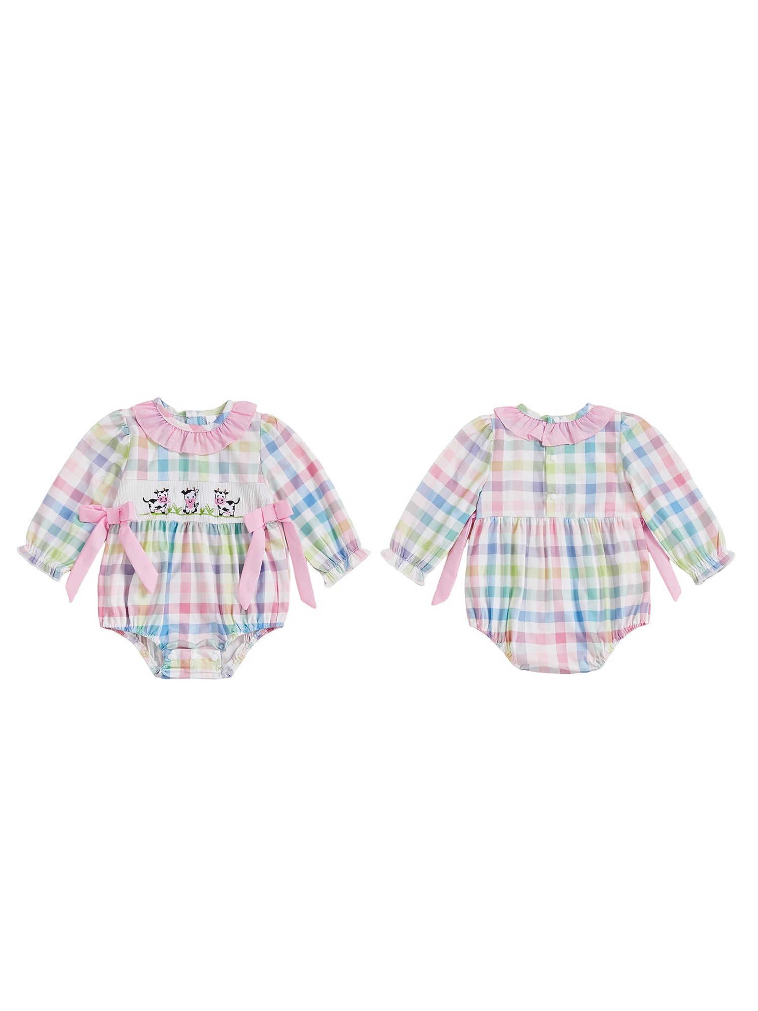 Adorable Toddler Plaid Overall with Cow Embroidery and Bow Detail - Long Sleeve Farm Animal Jumpsuit for Baby Girl