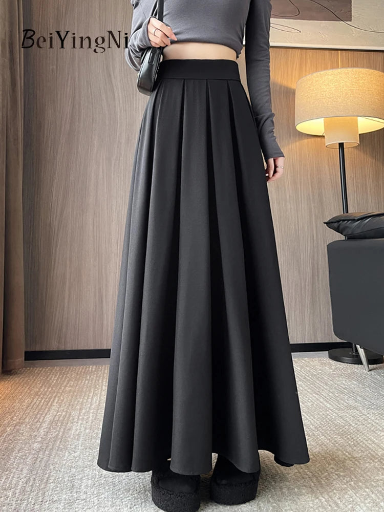 Beiyingni Women Long Suit Maxi Pleated Black Skirts Korean Fashion 2024 Autumn High Waist Slim A-line Skirt Ladies Gray Faldas