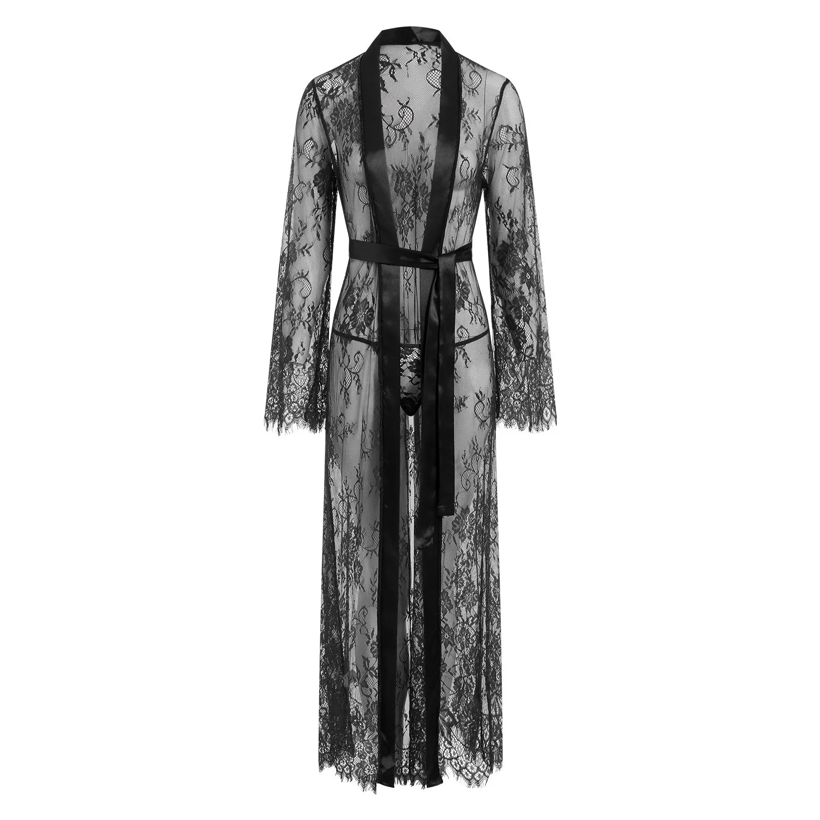 Women Nightgown Mesh See Through Nightdress Sexy Lingerie Lace Long Night Robe Gown Set Thong Long Sleeve Exotic Babydoll Dress