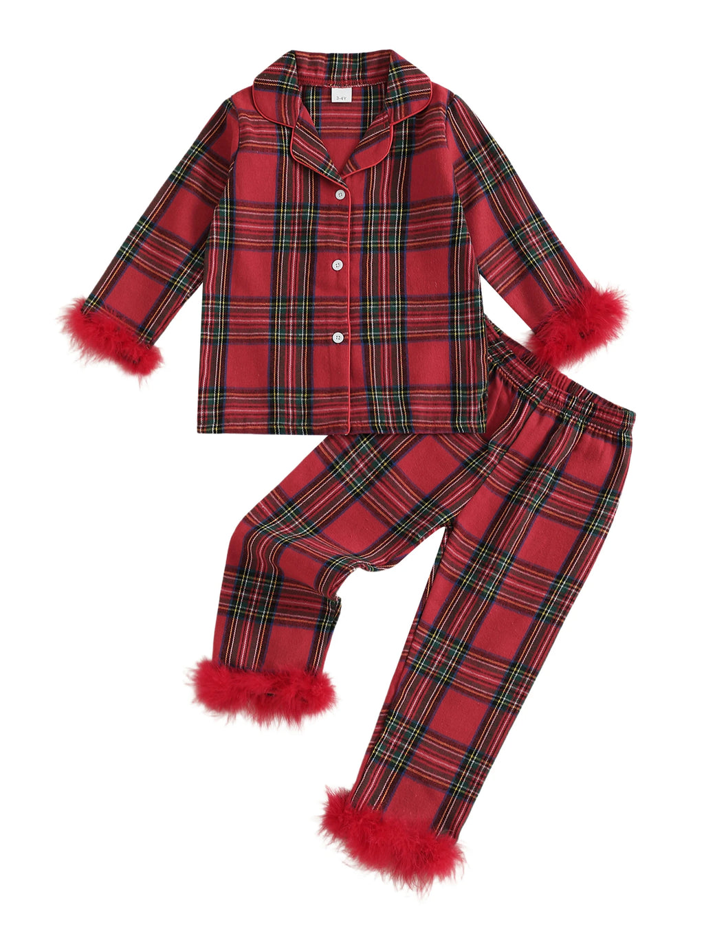 Cute Toddler Winter Plaid Pajama Set with Cozy Faux Fur Trim Long Sleeve Top and Elastic Waist Pants for Girls 2 Piece