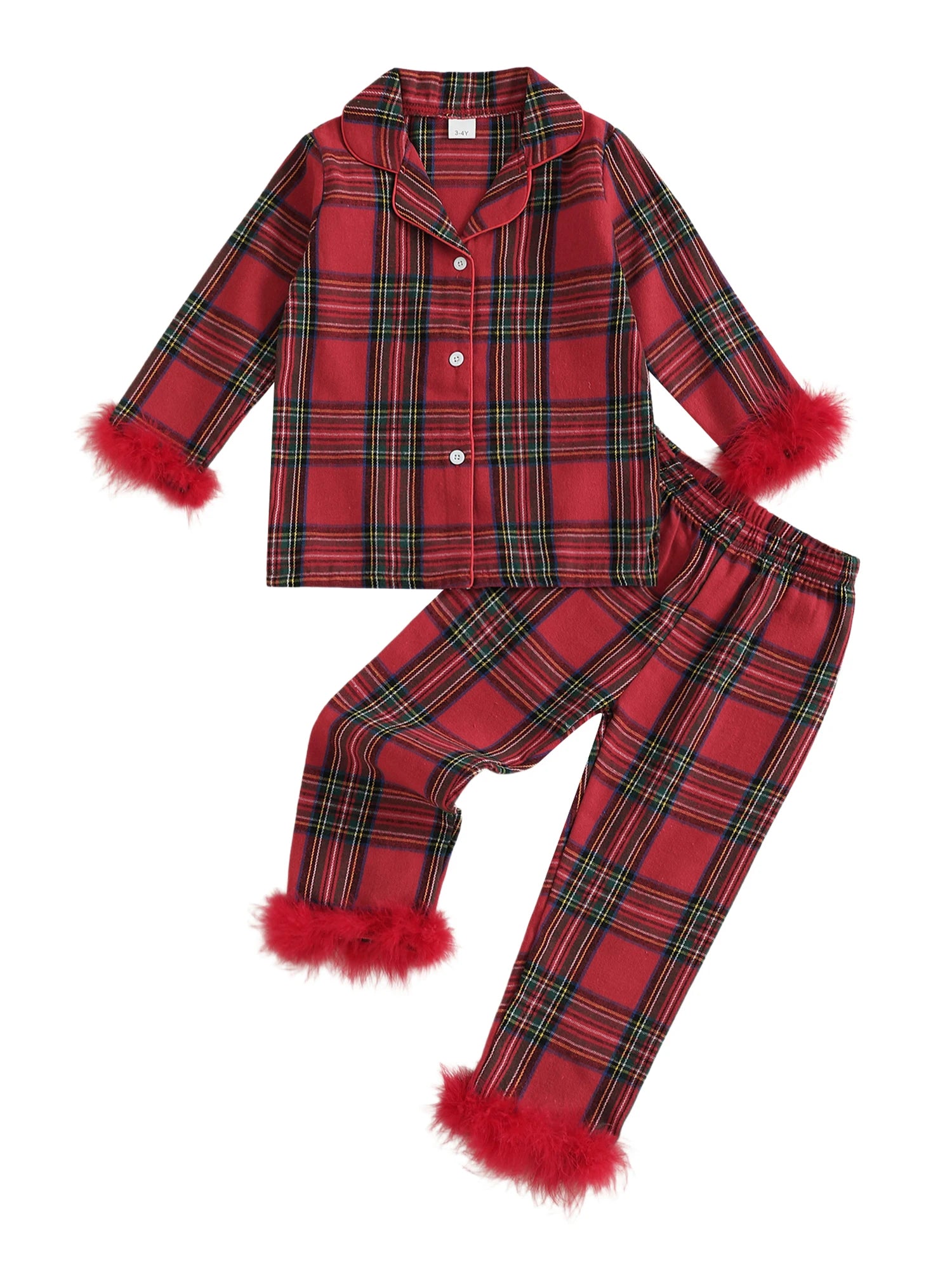 Cute Toddler Winter Plaid Pajama Set with Cozy Faux Fur Trim Long Sleeve Top and Elastic Waist Pants for Girls 2 Piece