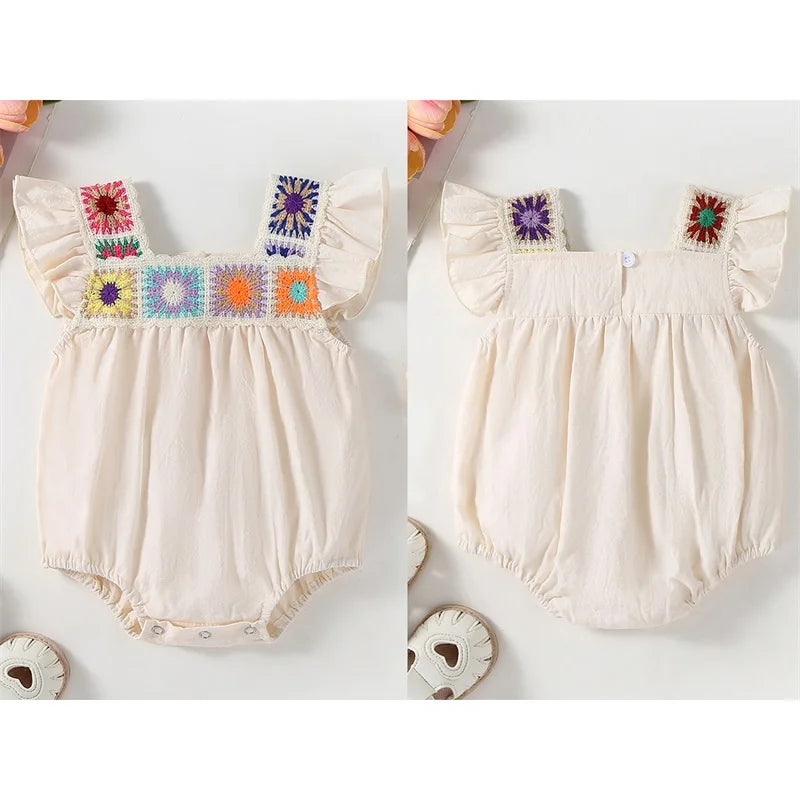 2025-02-07 Lioraitiin Newborn Baby Girl Summer Romper Fly Sleeve Square Neck Crochet Flower Bodysuit Playsuit