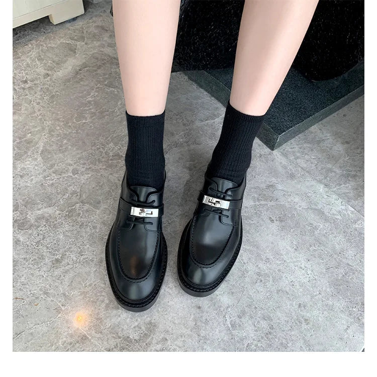 Office Career Women Pumps PU Spring New British Retro Metal Buckle Thick Bottom JK Flat Bottom Small Leather ShoesWoman Shoe
