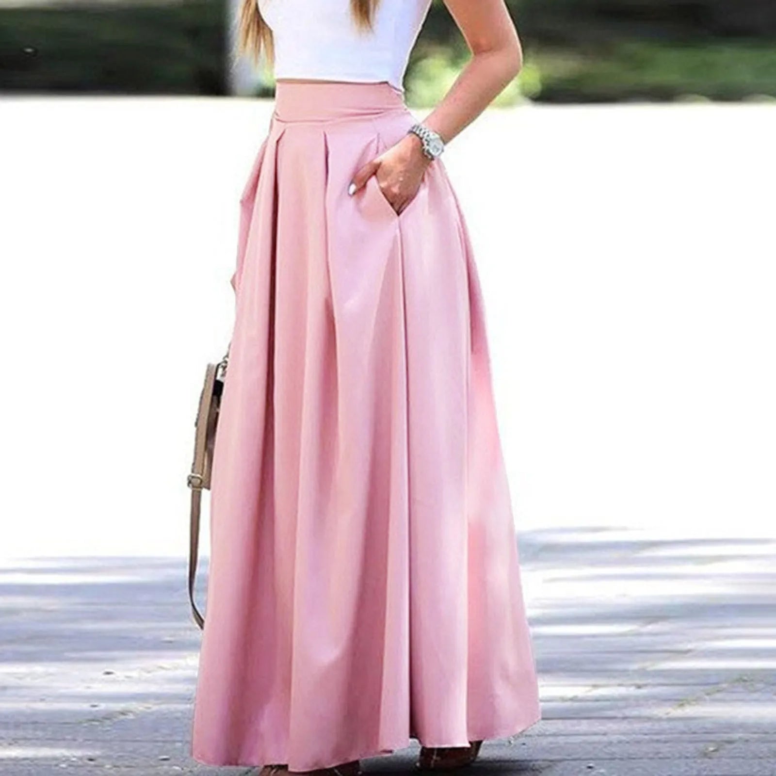 Vintage Low Rise Straight Skirts Women's Large Swing Solid Color High Waist Pleated Half Skirt With Pocket Summer Vacation Wear