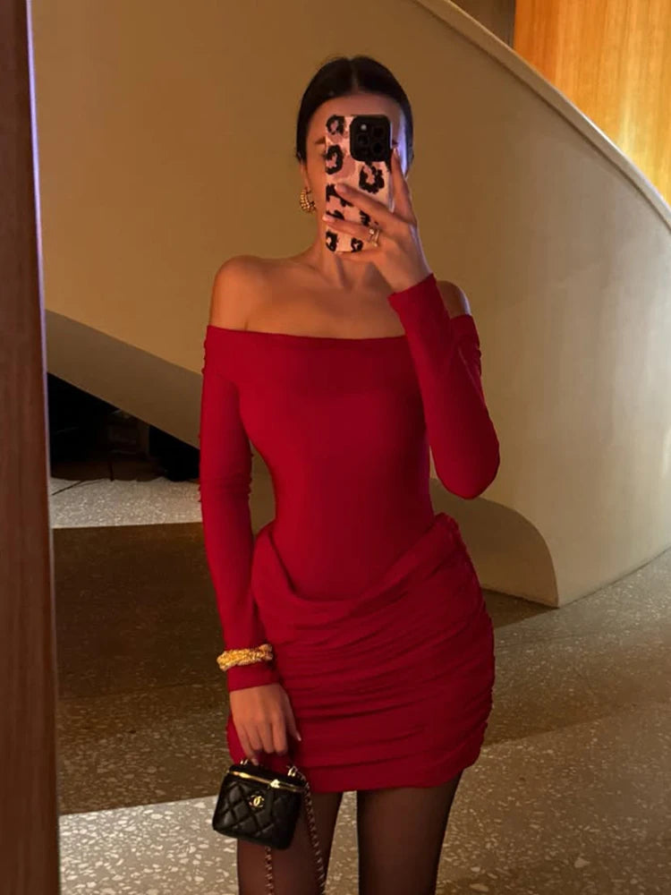 Party Dresses For Women Fashion Sexy Solid Full Sleeves Slash Neck Hip Wrap Folds Sheath Mini Vestidos Robes Female Streetwear