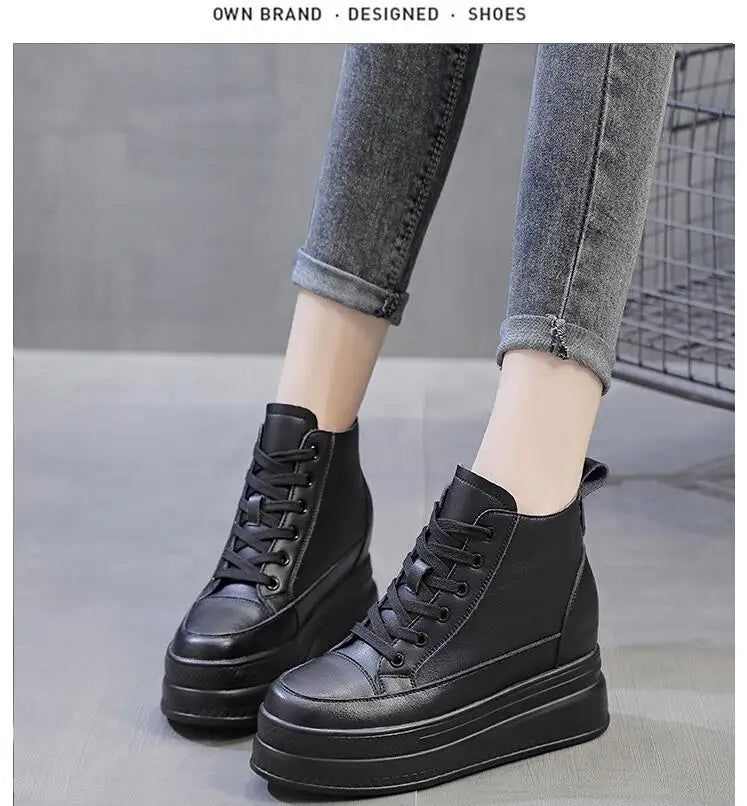 Women High Top Sneakers Platform Breathable Genuine Leather Shoes Spring Lady Wedges Casual Shoes For Woman Sports Dad Shoes 9CM