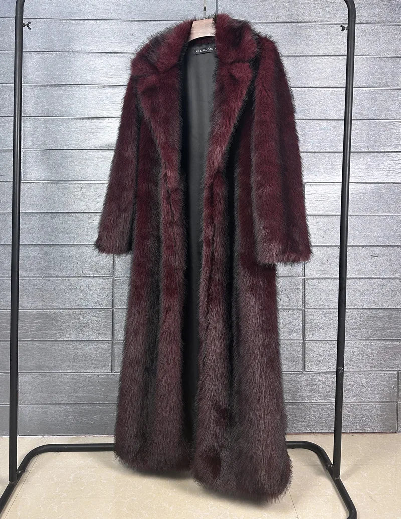 DEAT 2025 winter new fashion high quality Fox Faux Fur long Coat for Women Suit Collar solid color thick warm jacket 11A06914