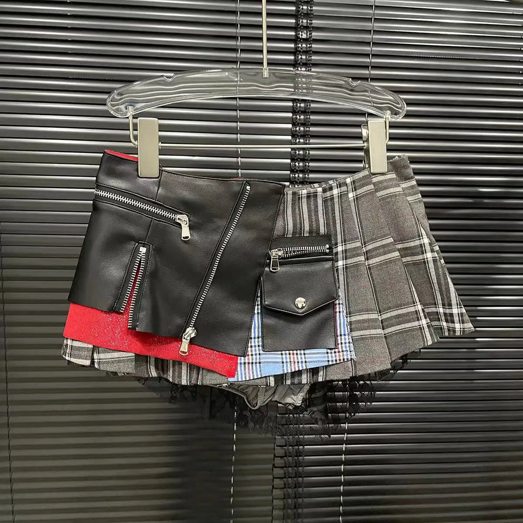 FLARORA Fashion Y2k Patchwork Plaid Design Skirts Woman High Waist Zip Pocket Mini Pleated Skirt Trendy Female Street Bottoms