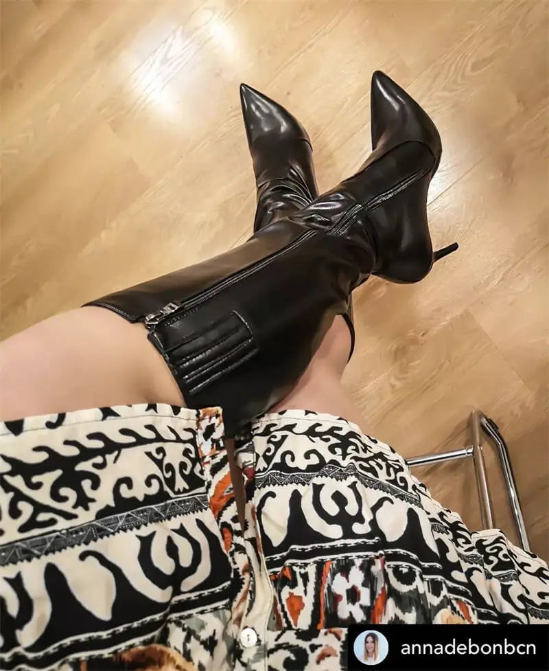 Onlymaker Pointed Toe Knee High Boots Stiletto High Heels Soft PU Leather Flock Concise Side Zipper Big Size Fashion Boots