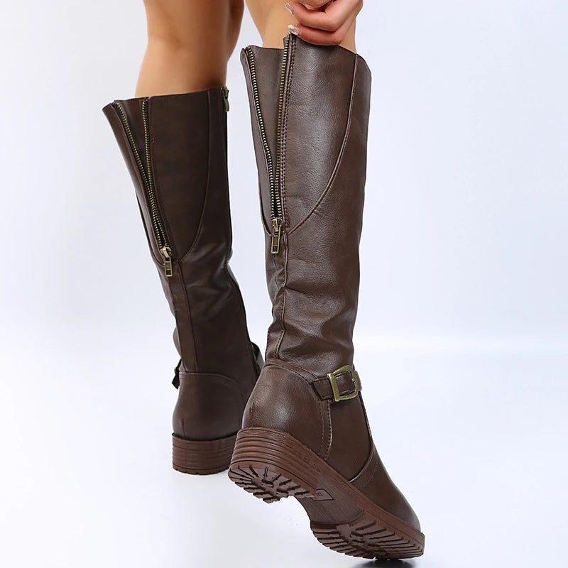 Vintage Brown Women Knee High Boots Big Size Low Heels Platform Long Boots Autumn Winter Pu Leather  Women Warm Booties