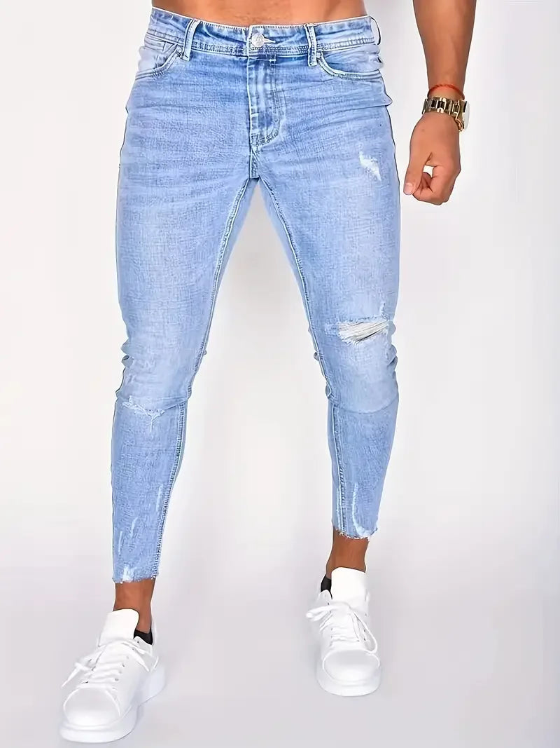Men's Casual Slim Fit Ripped Jeans, Men's Versatile Street Style Denim Pants For All Seasons
