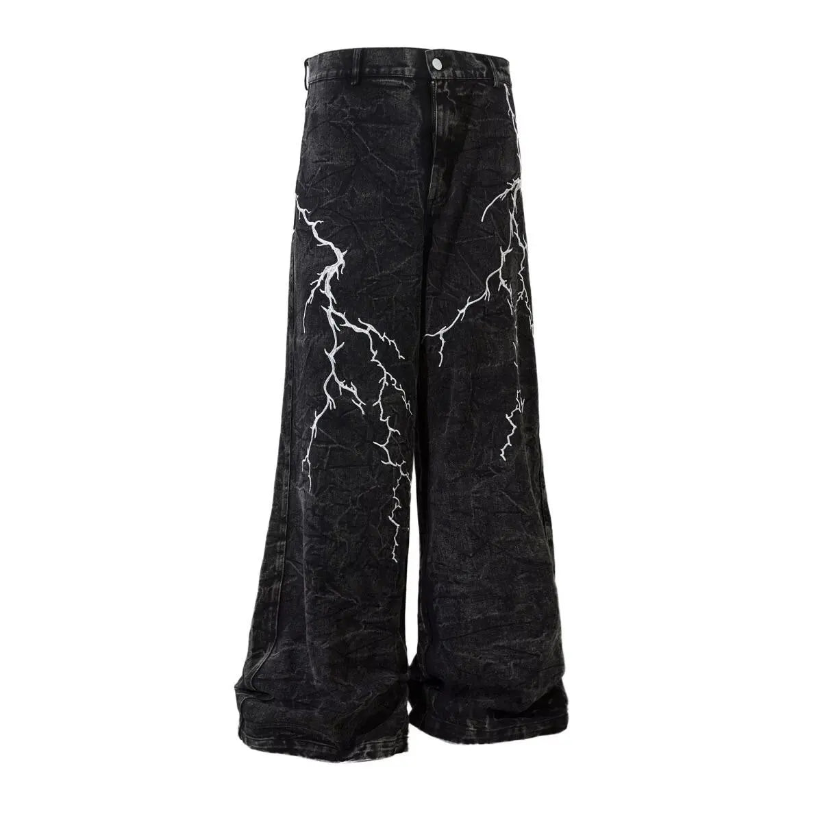 American High Street Y2K Style Thorn Lightning Embroidery Wide-Leg Jeans for Men, Niche Hip-Hop Loose Straight-Leg Flared Pants