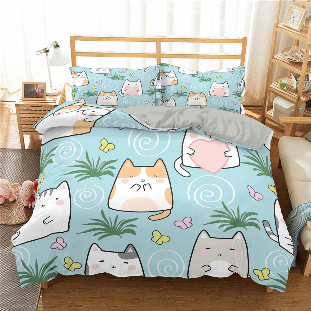 Cute Pink Pet Cats Cartoon Kitten Print Duvet Cover Pillowcase Polyester Quilt Cover for Children Women Bedroom Decoration King