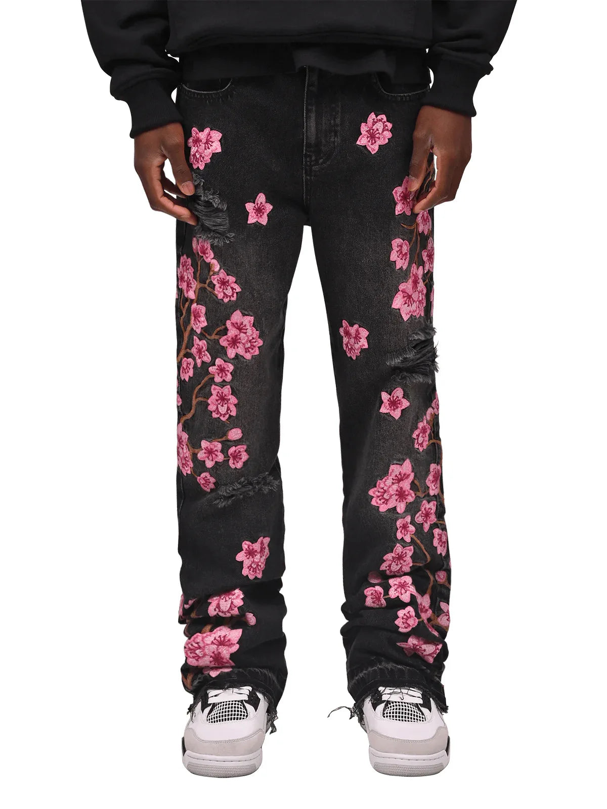 Men's high-street ripped jeans with floral embroidery patchwork, trendy street-style distressed flared jeans