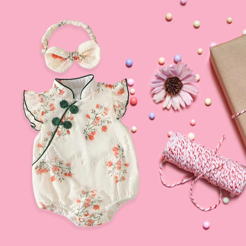 Toddler Girls Traditional Chinese Dress Set with Embroidered Floral Romper Matching Headband and Stylish Summer Outfit for a