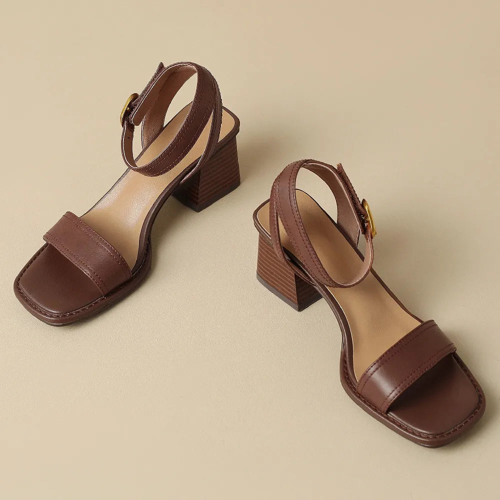 Women's genuine leather sandals narrow band ankle strap 6cm thick med heel open toe summer pumps heels casual shoes for women 42