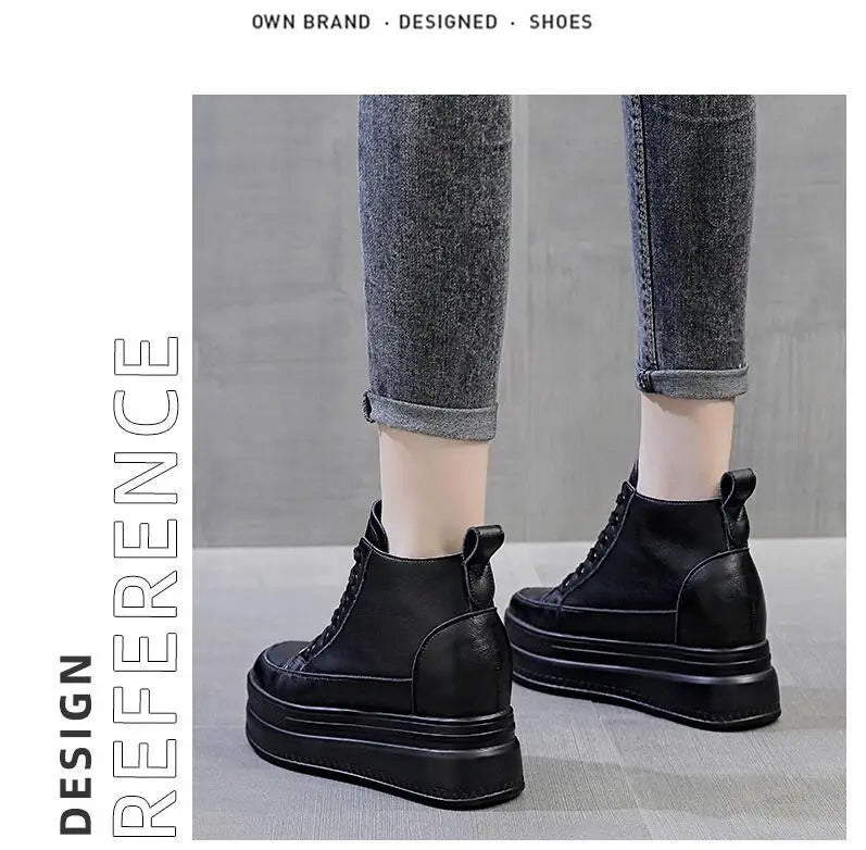 Women High Top Sneakers Platform Breathable Genuine Leather Shoes Spring Lady Wedges Casual Shoes For Woman Sports Dad Shoes 9CM