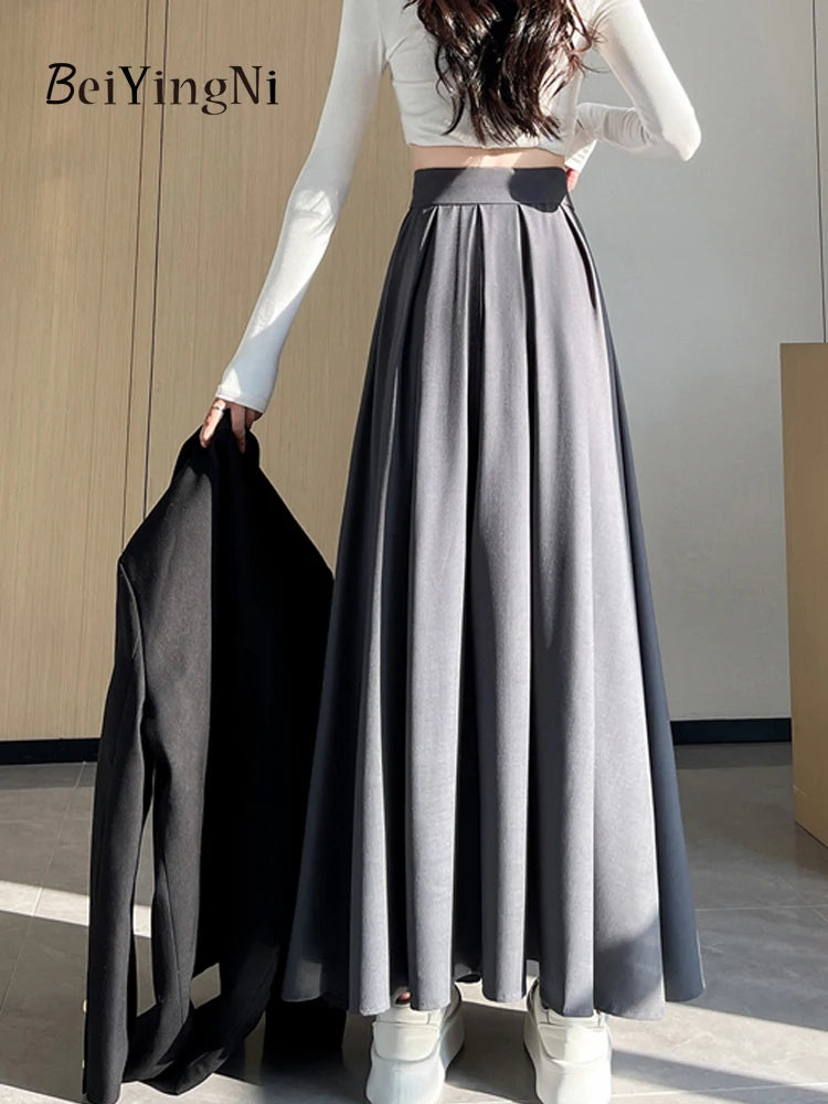 Beiyingni Women Long Suit Maxi Pleated Black Skirts Korean Fashion 2024 Autumn High Waist Slim A-line Skirt Ladies Gray Faldas