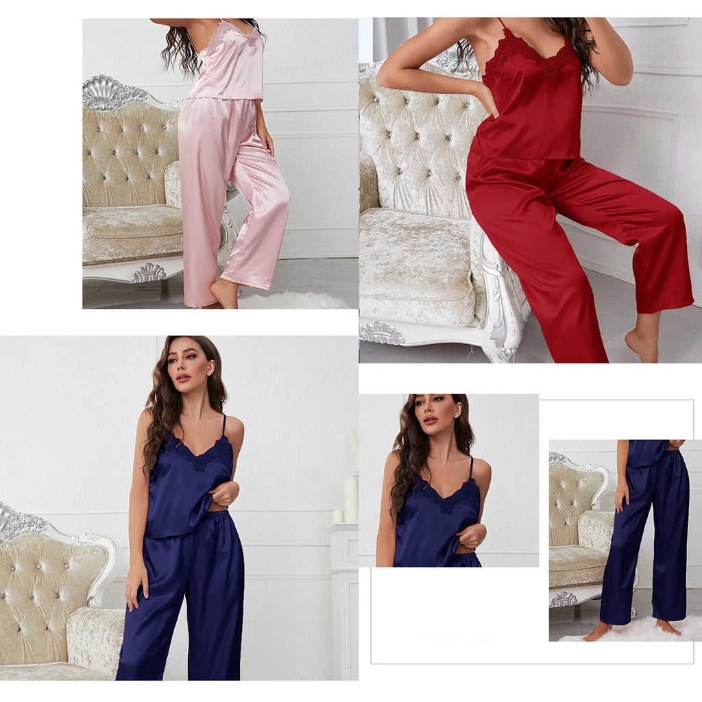 Women'S Satin Pajamas Set Autumn Winter Sleeveless Top Long Pants Sleepwear 2 Piece Set For Women Casual Home Loose Pajamas Set