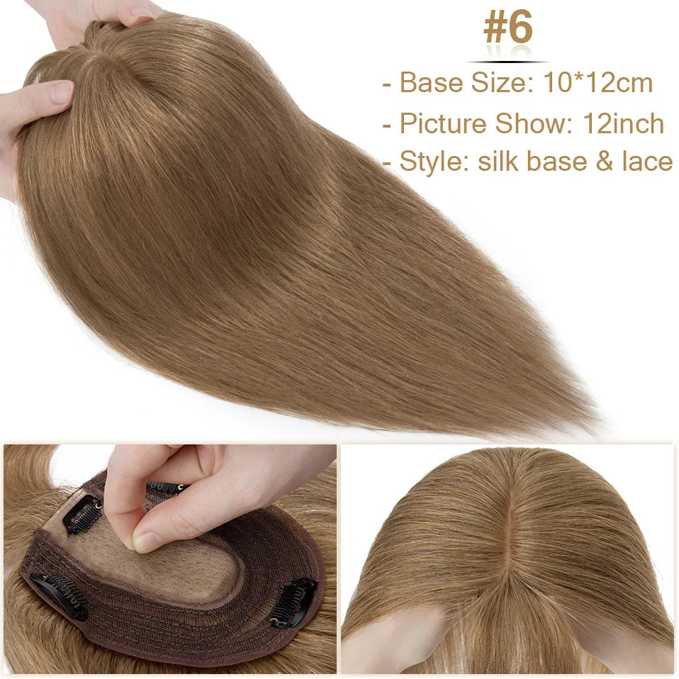 S-noilite Natural Hair Topper Wig for Women 10x12cm with Silk Base 3.5x9cm Human Hair Piece with Bangs Hair Clip Included