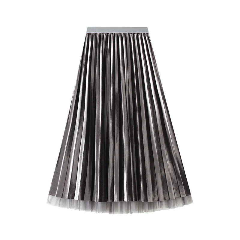 Luxury Velvet Pleated Skirts For Women 2024 Summer Fashion Women's High Waist Mesh Midi Skirt Female Elegant  Solid A-Line Skirt