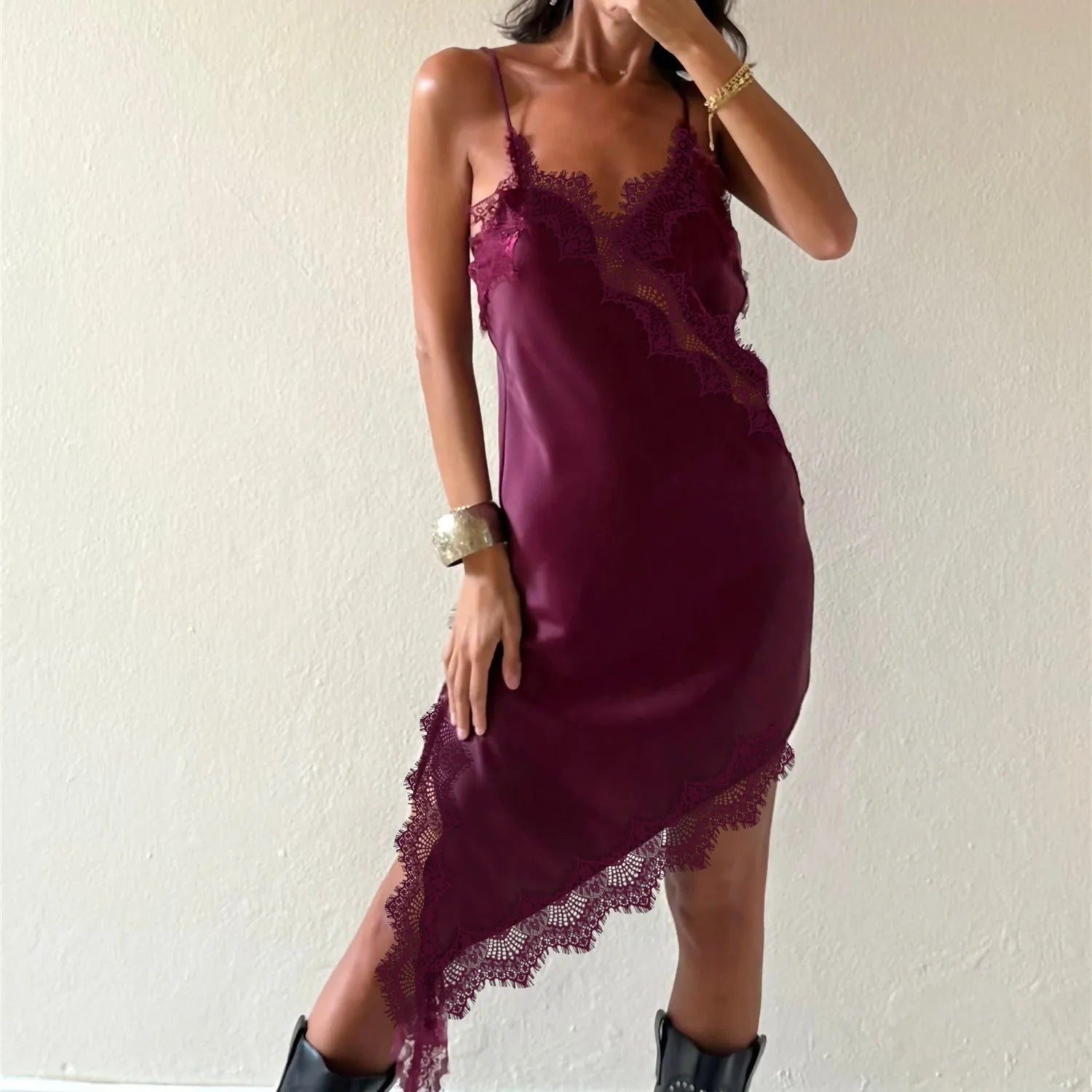 Women Satin Lace Trim Spaghetti Cami Tops Y2k Strap Side Split Asymmetrical Cami Top Dress Loose Silky V Neck Flowy Party Dress