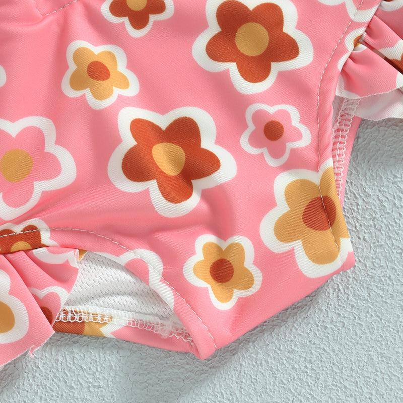 Lioraitiin Summer Kids Baby Girl Swimsuits Floral Long Sleeve Zipper Ruffles Jumpsuit Swimwear Beachwear Bathing Suits