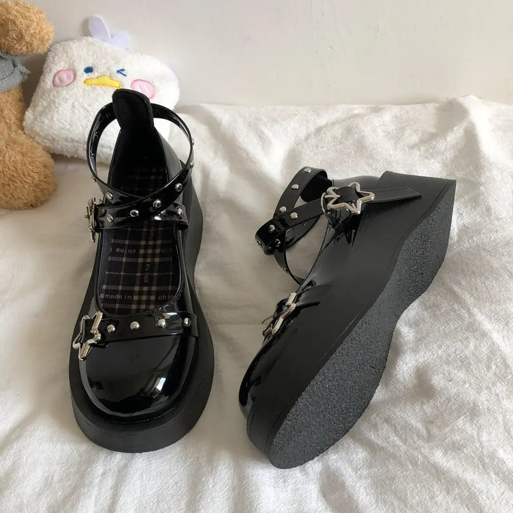 Women heels Lolita shoes platform mary jane Shoes Star Buckle Strap Mary Janes Women Cross-tied Girls Rivet Casual Shoes kawaii