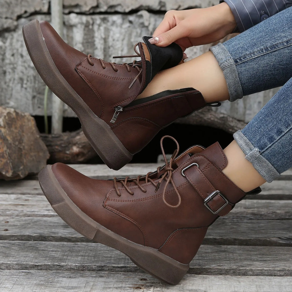 Women'S Fashionable Versatile Ankle Boots British Retro Belt Plus Velvet Short Suede Boots For Women Lace Up Flat Shoes Botines