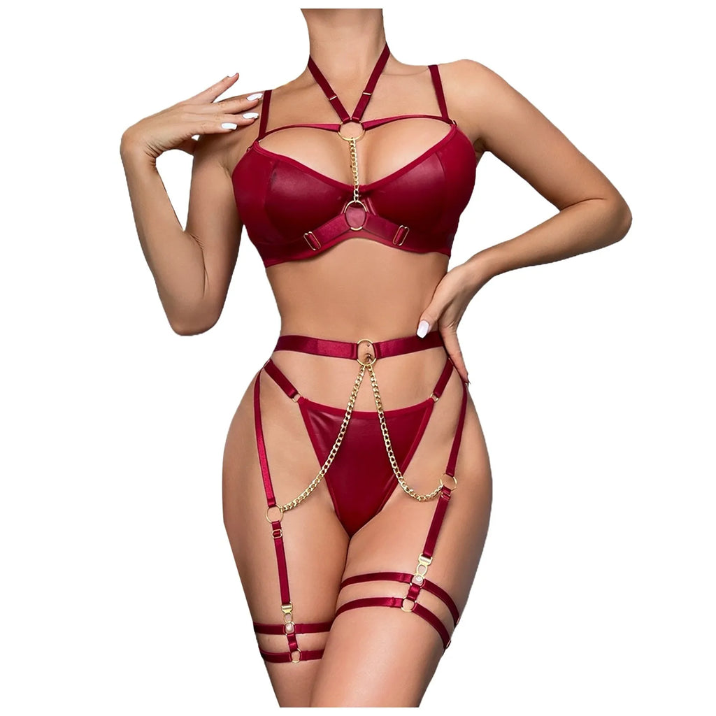 Sexy Lingerie Set For Women Chain Waist Bunny Girl Pu Leather Half Cup Bra Panty Garters Set For Women Sexy Toy Erotic Lingerie