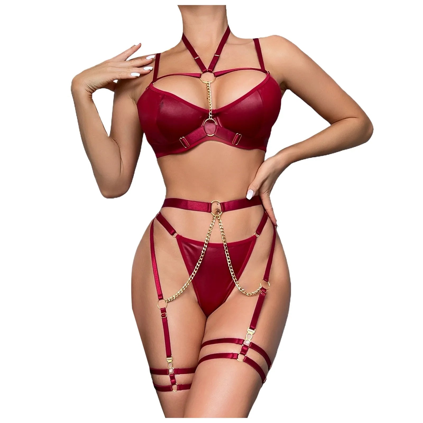Sexy Lingerie Set For Women Chain Waist Bunny Girl Pu Leather Half Cup Bra Panty Garters Set For Women Sexy Toy Erotic Lingerie