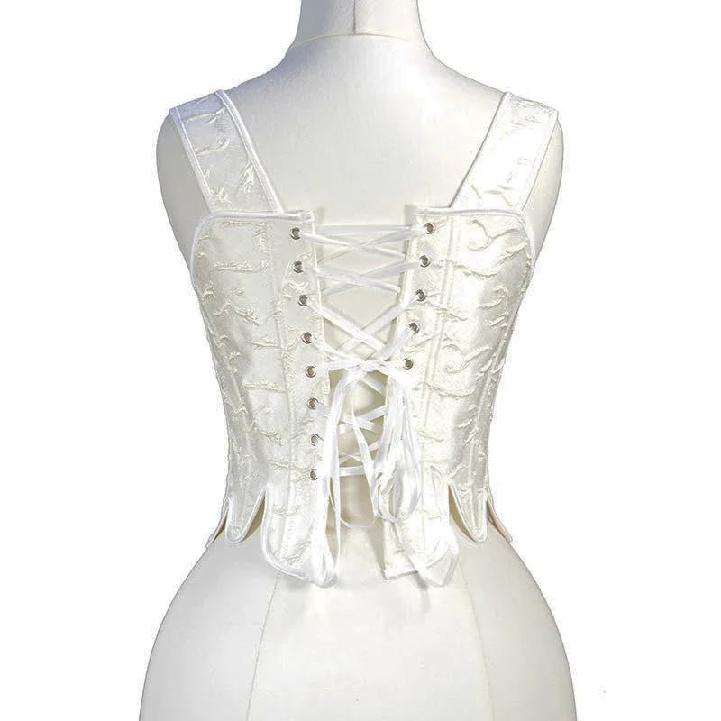 Fashion White Embossed Vintgae Petal Bodices Women Overbust Slimm Corsets Lace Up Boned Shaping Tops Korset