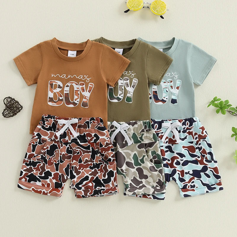 2025-01-13 Lioraitiin Toddler Boys Summer Shorts Sets Short Sleeve O Neck Letter Print Tops and Camouflage Shorts Sets