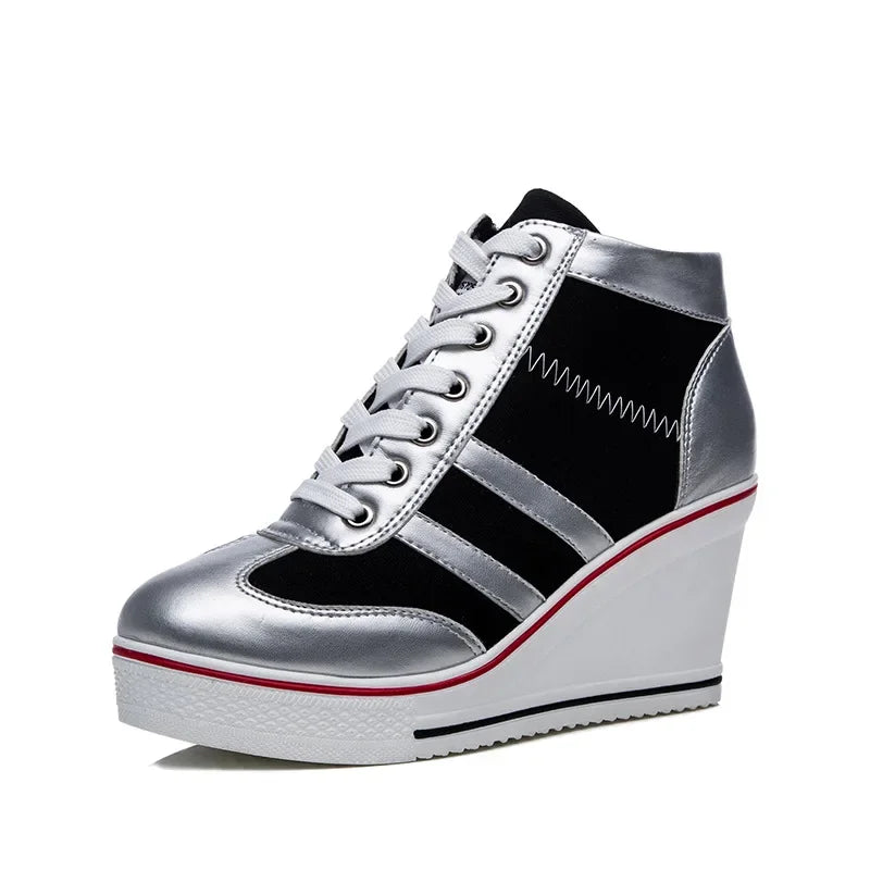 Women's Shoes 2026 New Wedge Heel Casual Canvas Shoes Women's Side Chain Lace-up Platform Shoes 8 Cm High Heel Shoes