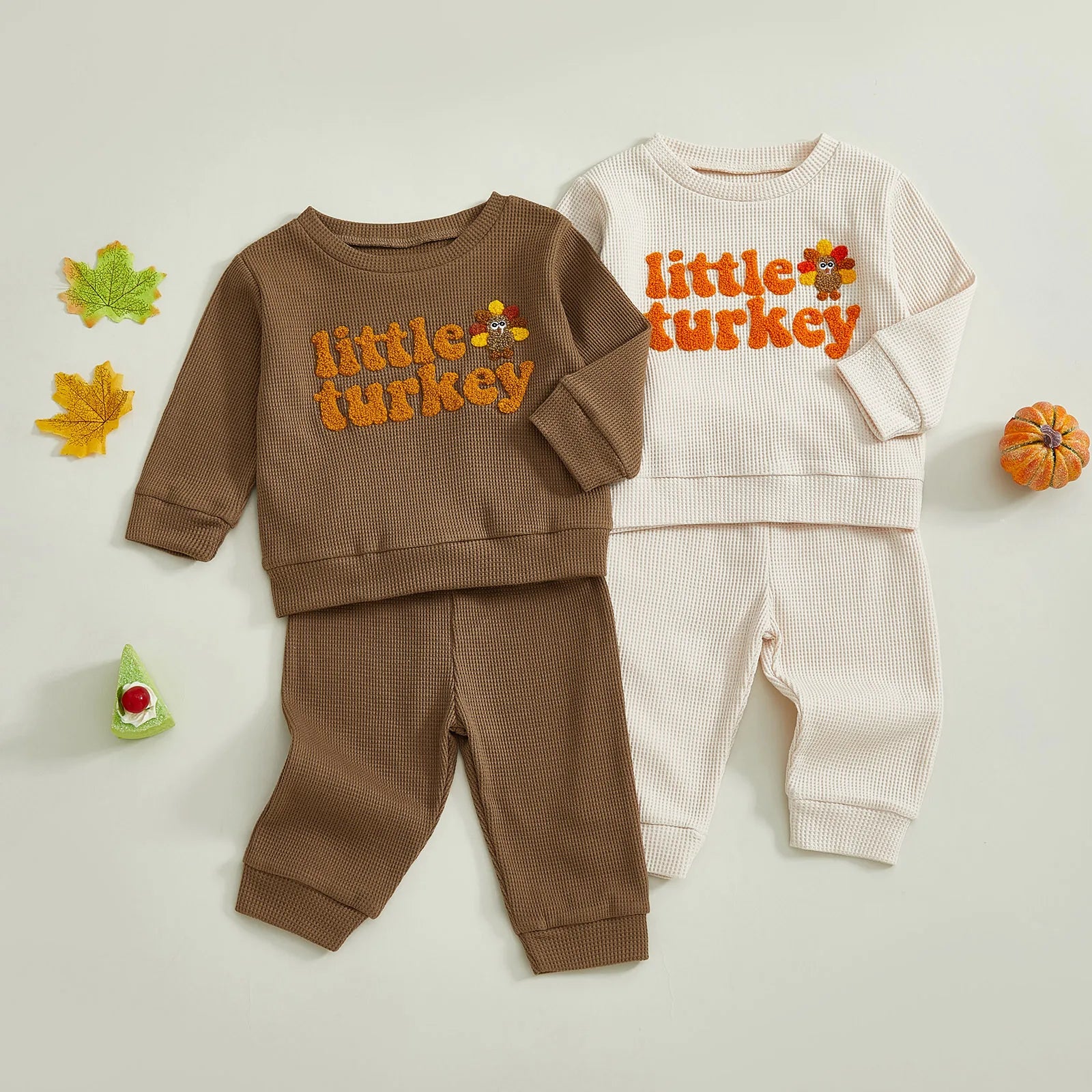 Toddler Baby Boys Thanksgiving Outfit Turkey Letter Embroidery Long Sleeve Pullover Elastic Waist Solid Pants 2Pcs Waffled Set