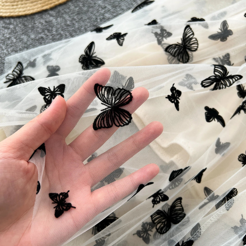 SINGREINY 2024 High Qulaity Embroidery Long Skirt Ladies Elastic Waist Butterfly Print Streetwear A Line Loose Mesh Party Skirt