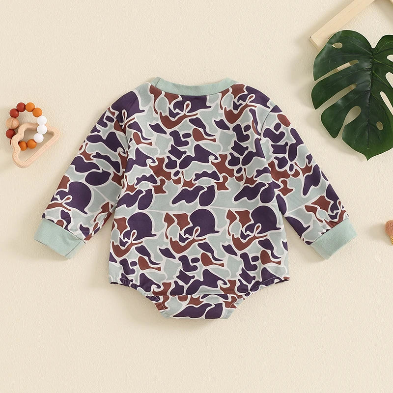 2024-04-19 Lioraitiin Autumn Baby Boys Romper Infant Long Sleeve Crew Neck Duck Embroidery Camouflage Romper