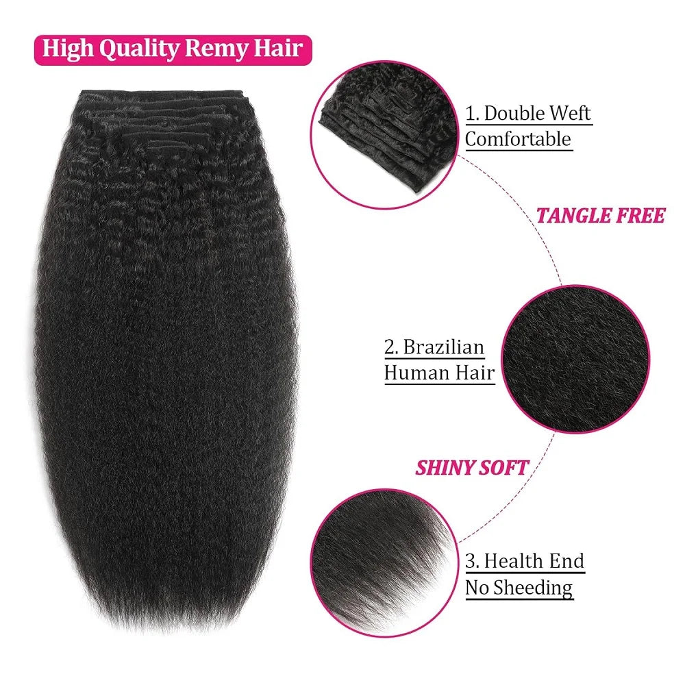 Kinky Straight Human Hair Extensions 100% Unprocessed Remy Hair Clip in Hair Extensions Real Human Hair for Women