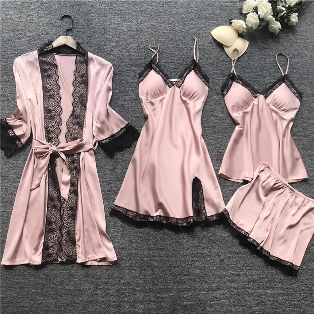 Sexy Fishnet Lingerie Hot Women Silk Dress Robe Sleepwear Pajamas Set Lace Nightdress Lingerie Sexy Lingerie Dress with Garter