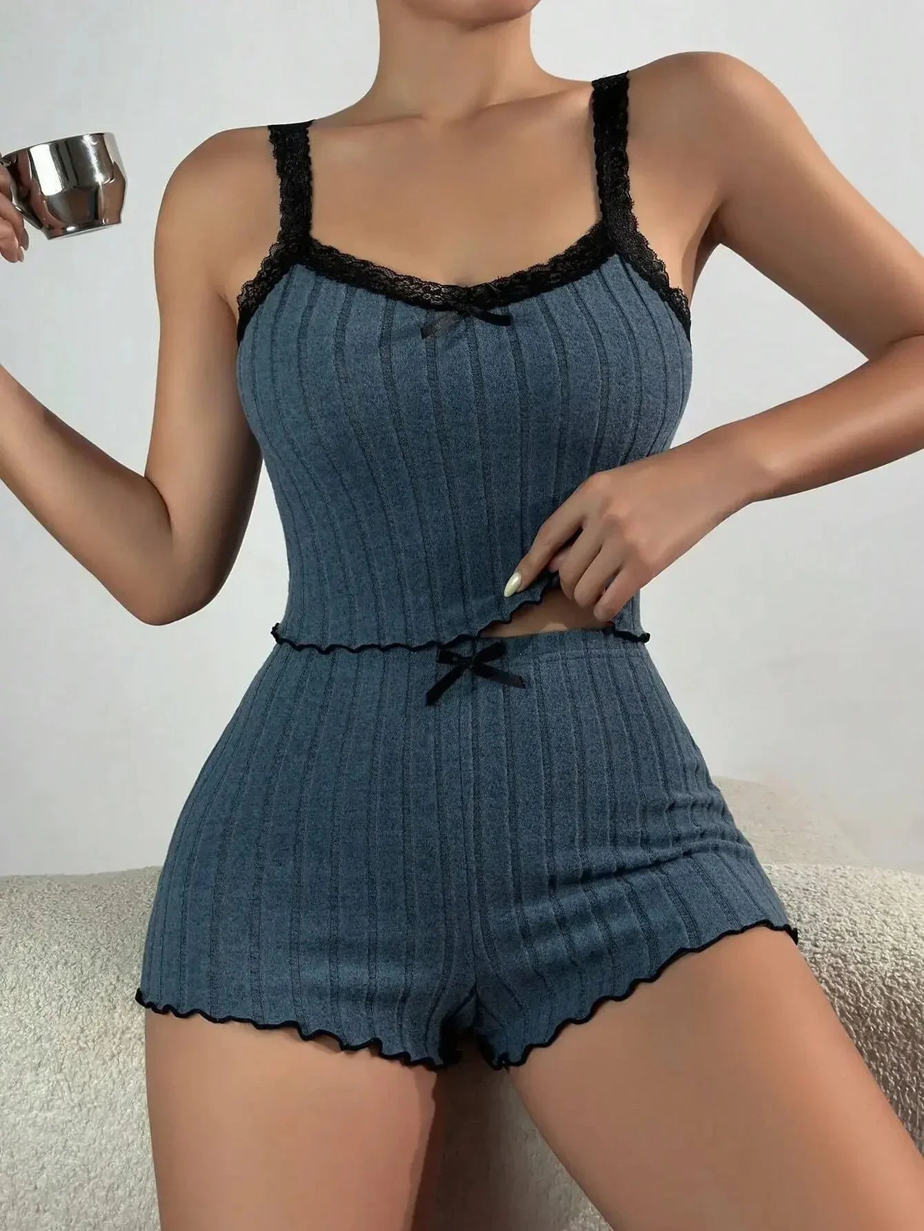 New Womens Ribbed Knit Pajama Set Lace Trim Bow Cami Crop Top Lettuce Hem Shorts Loungewear Sleepwear Cute Soft 2 Piece